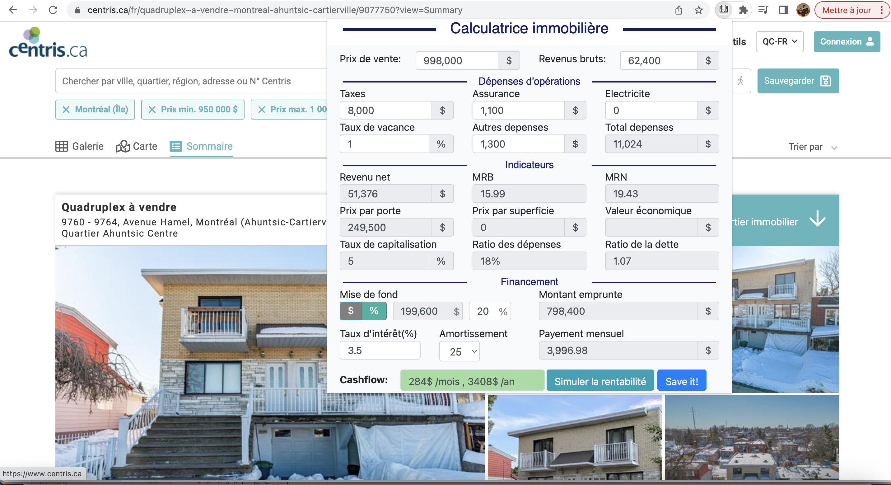 capture centris calculatrice immobiliere